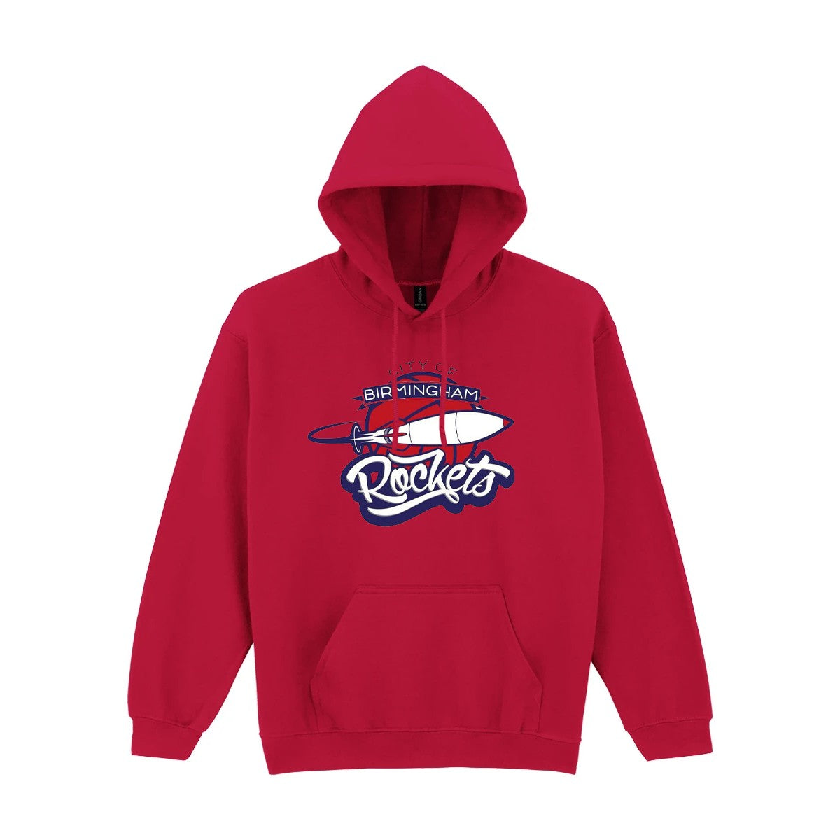 Red pullover hoodie with City of Birmingham Rockets logo