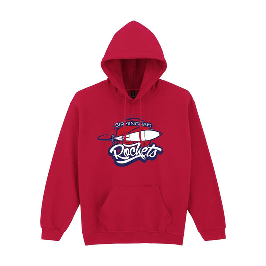Red pullover hoodie with City of Birmingham Rockets logo