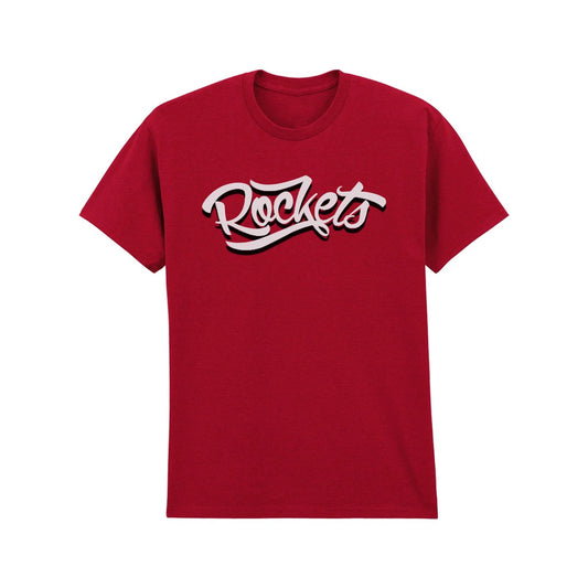 Red crew-neck T-shirt with Rockets script across the chest