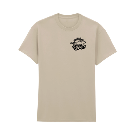 Stone crew-neck T-shirt with black Rockets logo on the left chest