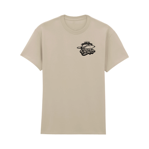 Stone crew-neck T-shirt with black Rockets logo on the left chest